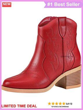 Embroidered Western Cowboy Ankle Boots Round Toe Chunky Block Heel Booties